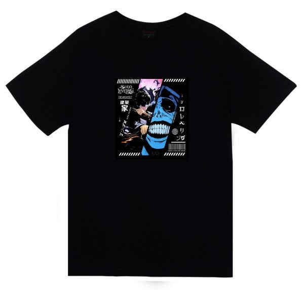 Solo Leveling Anime Baskılı Unisex %100 Pamuk Siyah T-shirt
