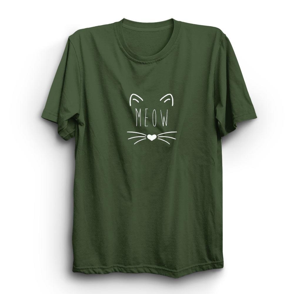 Meow Kedi Baskılı Tshirt S - HAKİ