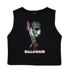 Halloween  Crop Top Baskılı Göbek Üstü-Yarım T-shirt