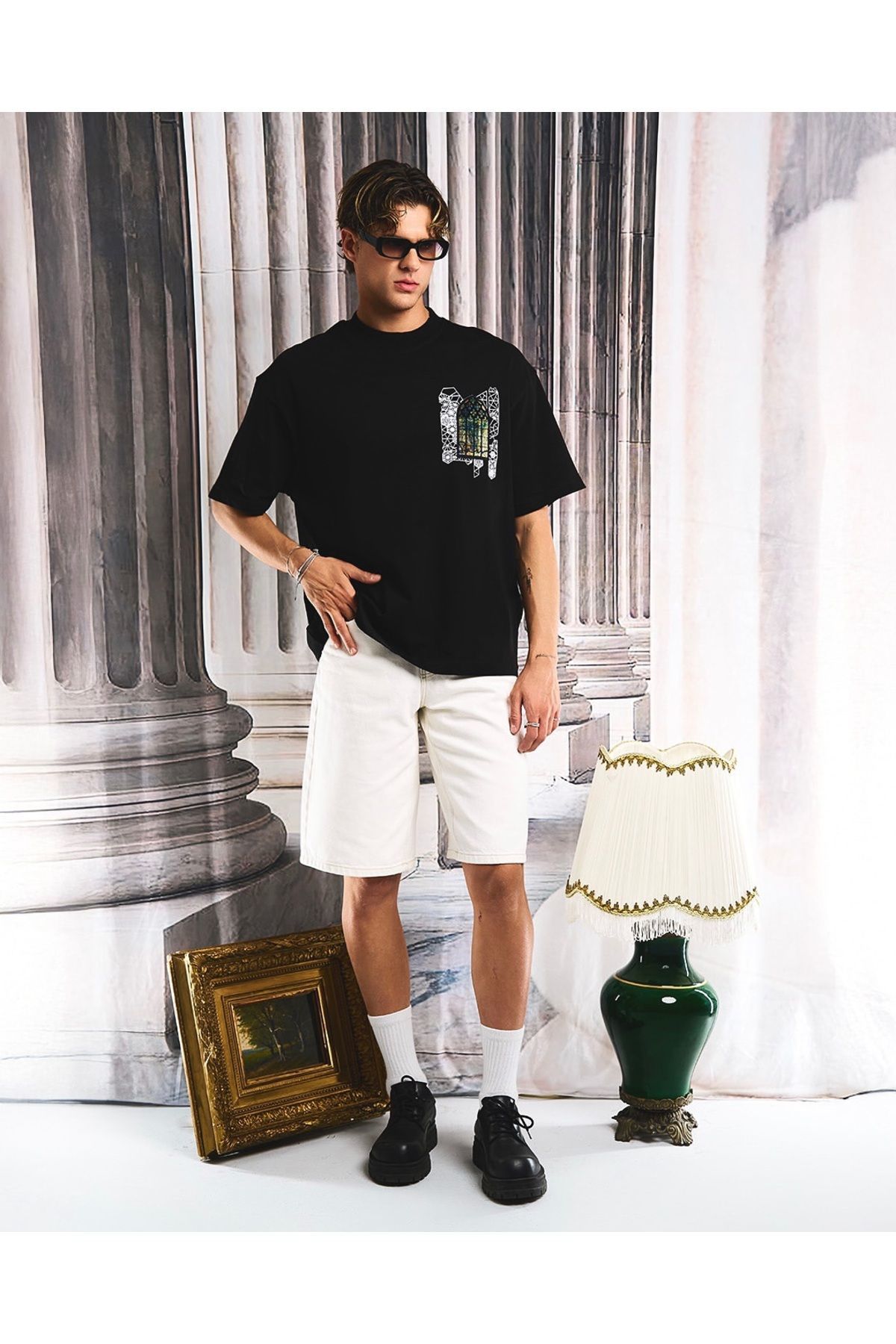 Pencere Aplikeli Unisex %100 Pamuk Oversize Siyah T-shirt