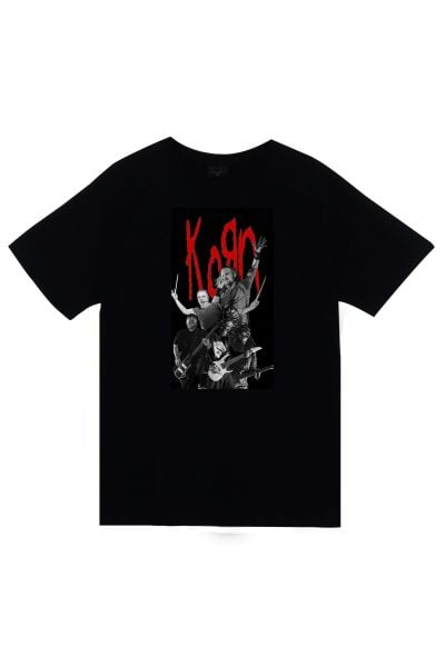 Korn Müzik Grubu Baskılı Unisex %100 Pamuk Siyah T-shirt
