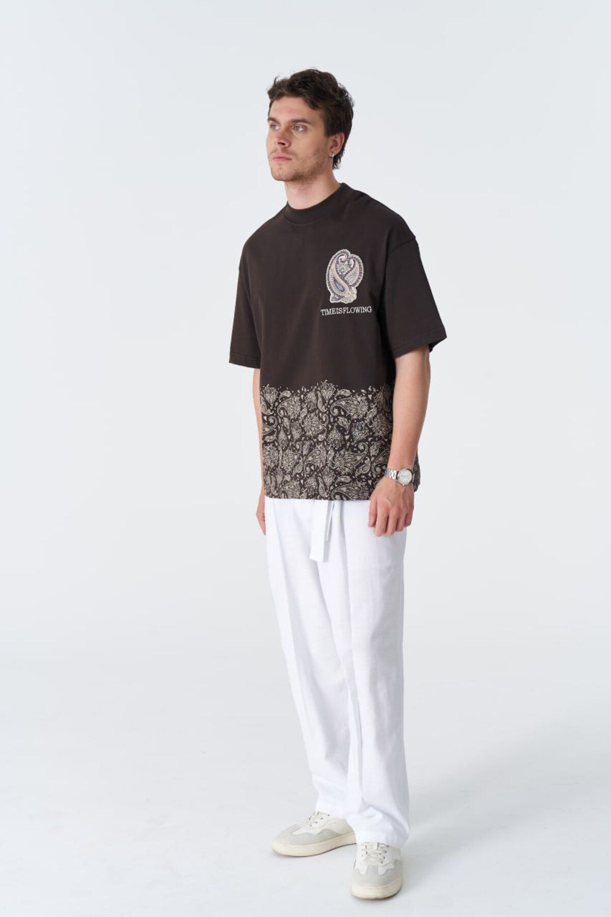 Time Is Flowing Yazılı, Baskılı, Nakışlı %100 Pamuk Oversize Kahverengi T-shirt