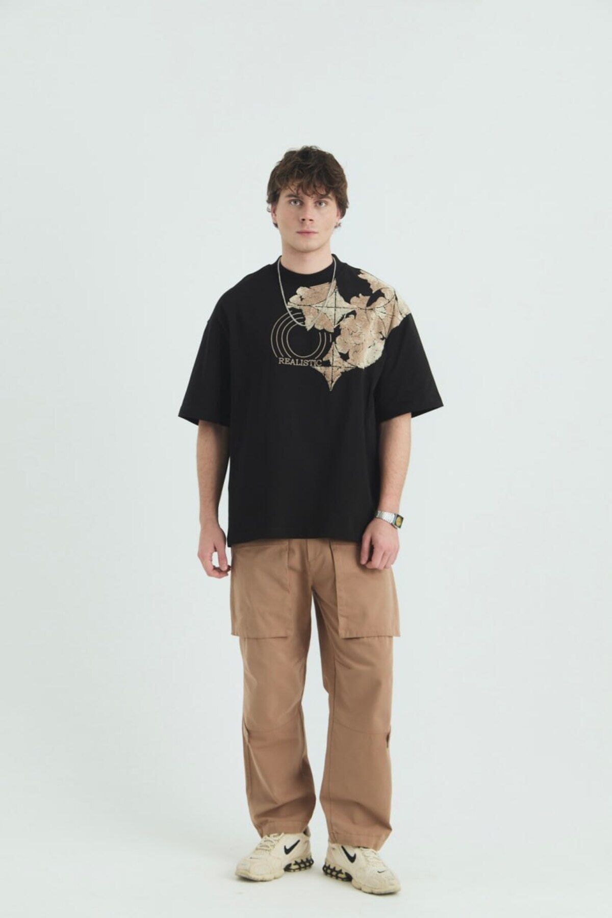 Realistic Baskılı, Nakışlı Unisex %100 Pamuk Siyah T-shirt