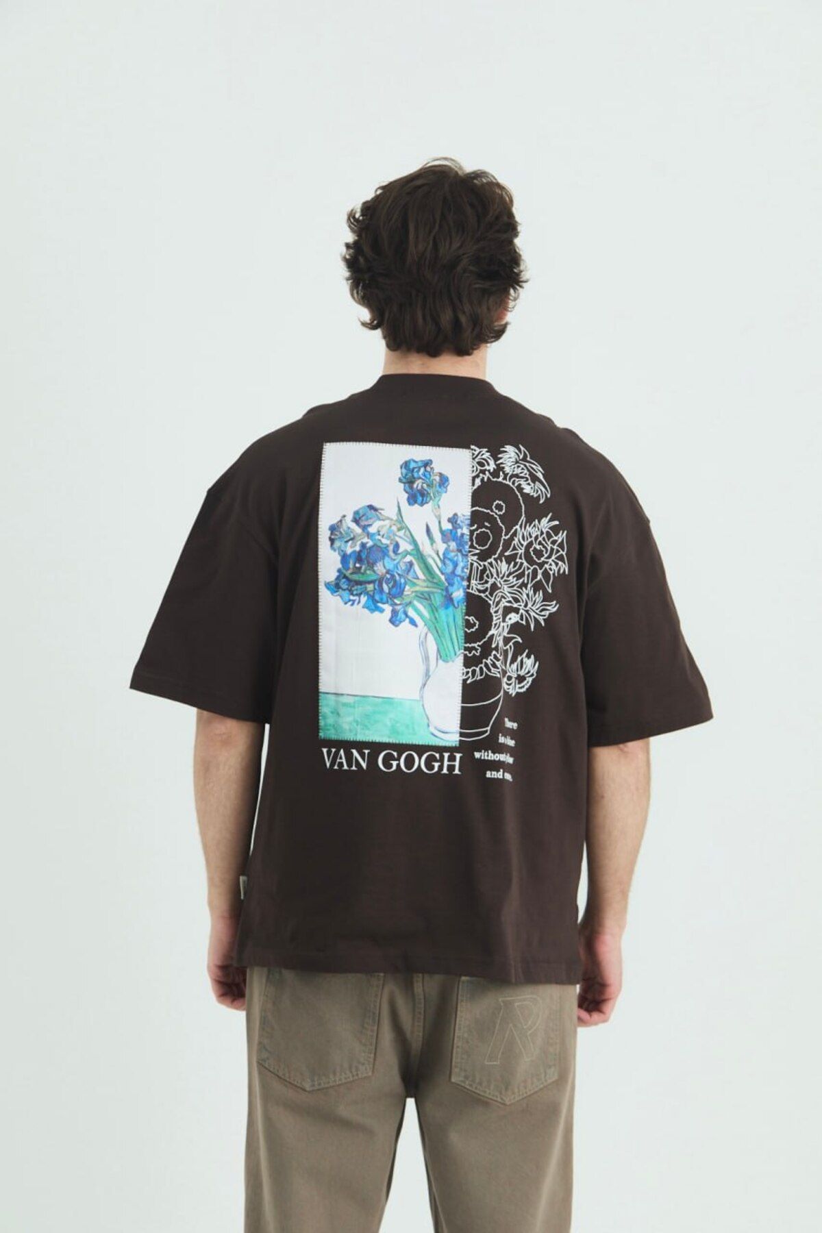 Vincent Van Gogh Baskılı, Nakışlı Unisex %100 Pamuk Kahverengi T-shirt