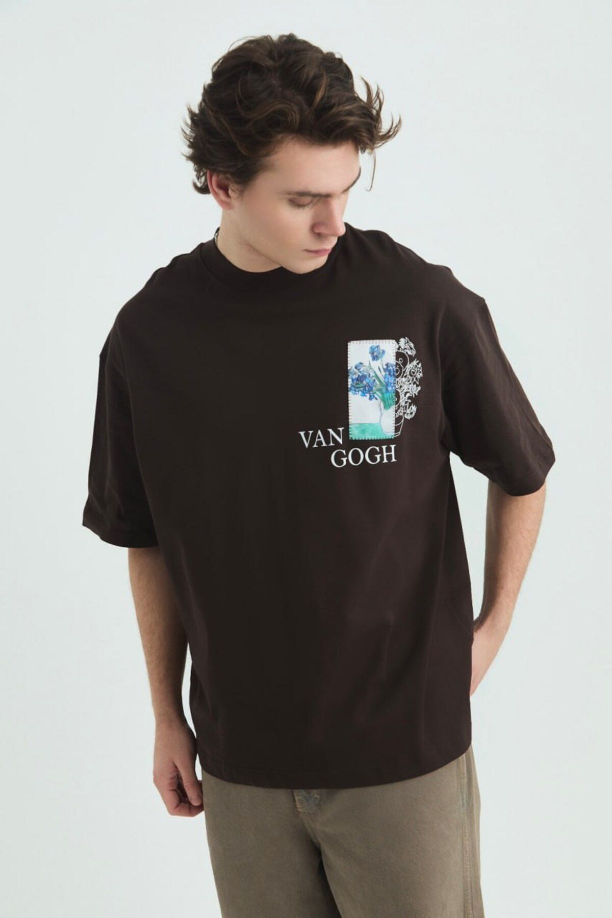 Vincent Van Gogh Baskılı, Nakışlı Unisex %100 Pamuk Kahverengi T-shirt
