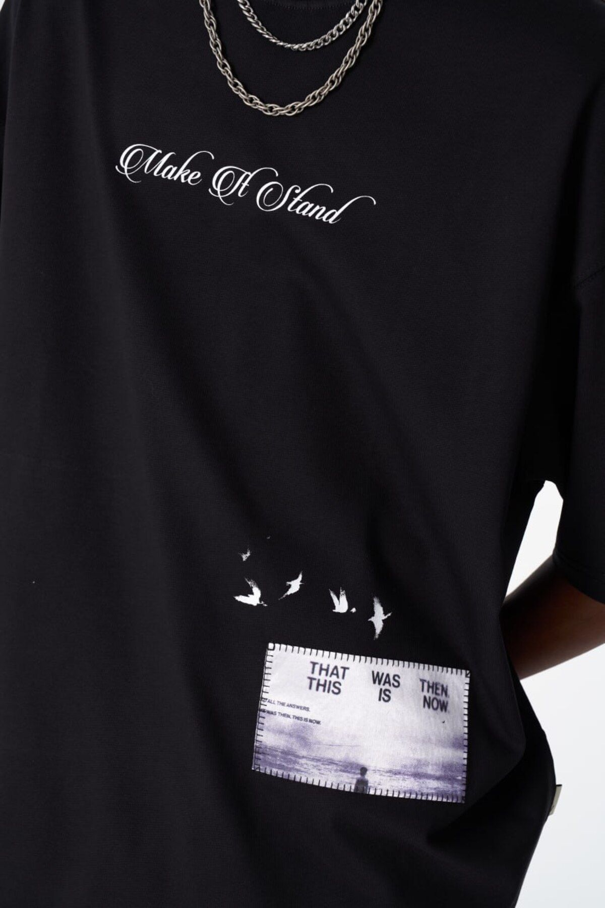 Make Of Stand Baskılı Unisex %100 Pamuk Siyah T-shirt
