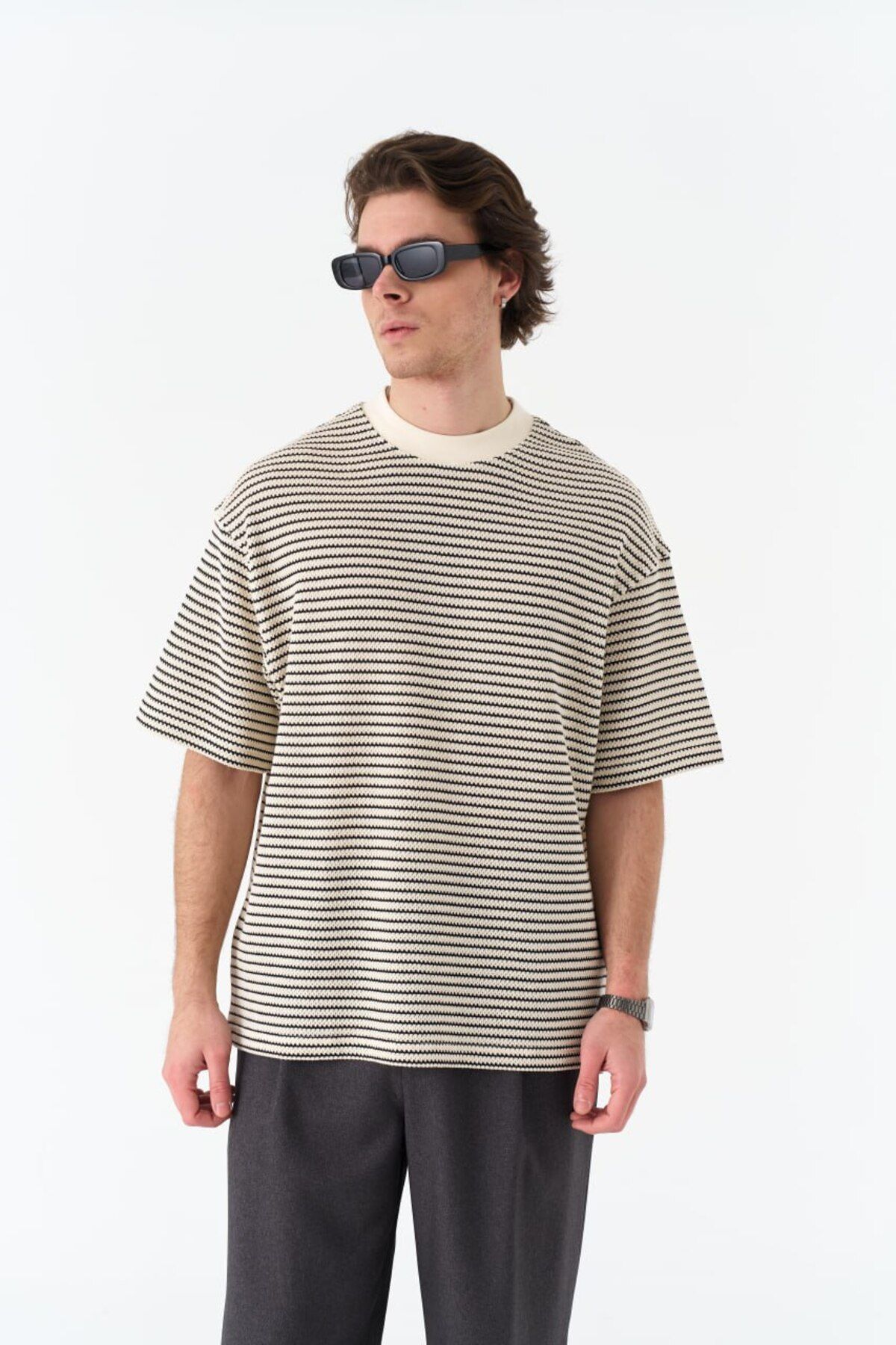 Çizgili, Desenli Gri %100 Pamuk T-shirt