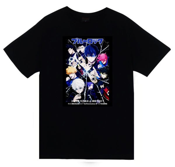 Blue Lock Anime Baskılı Unisex %100 Pamuk Siyah T-shirt