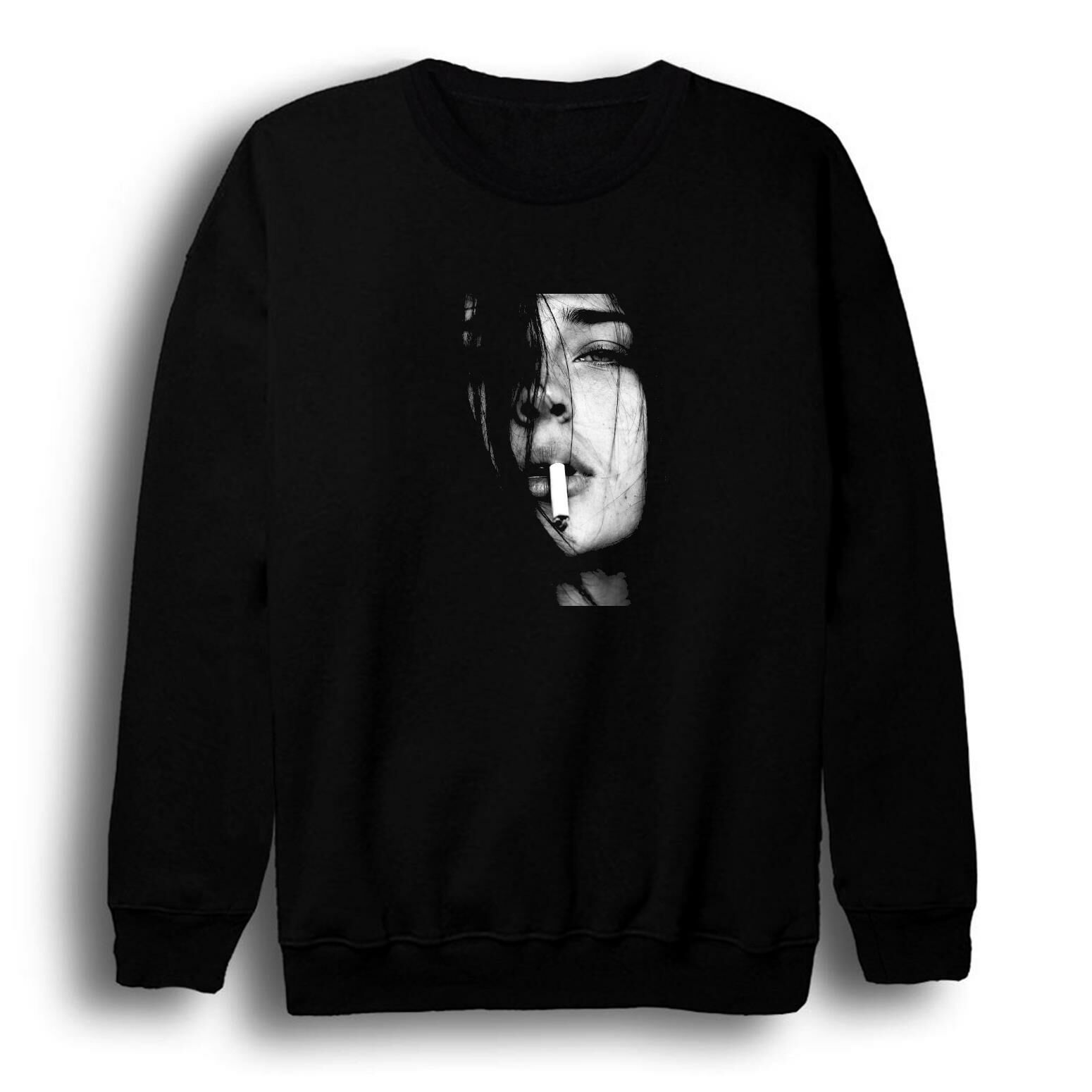 Sigaralı Kadın Baskılı Bisiklet Yaka Sweatshirt