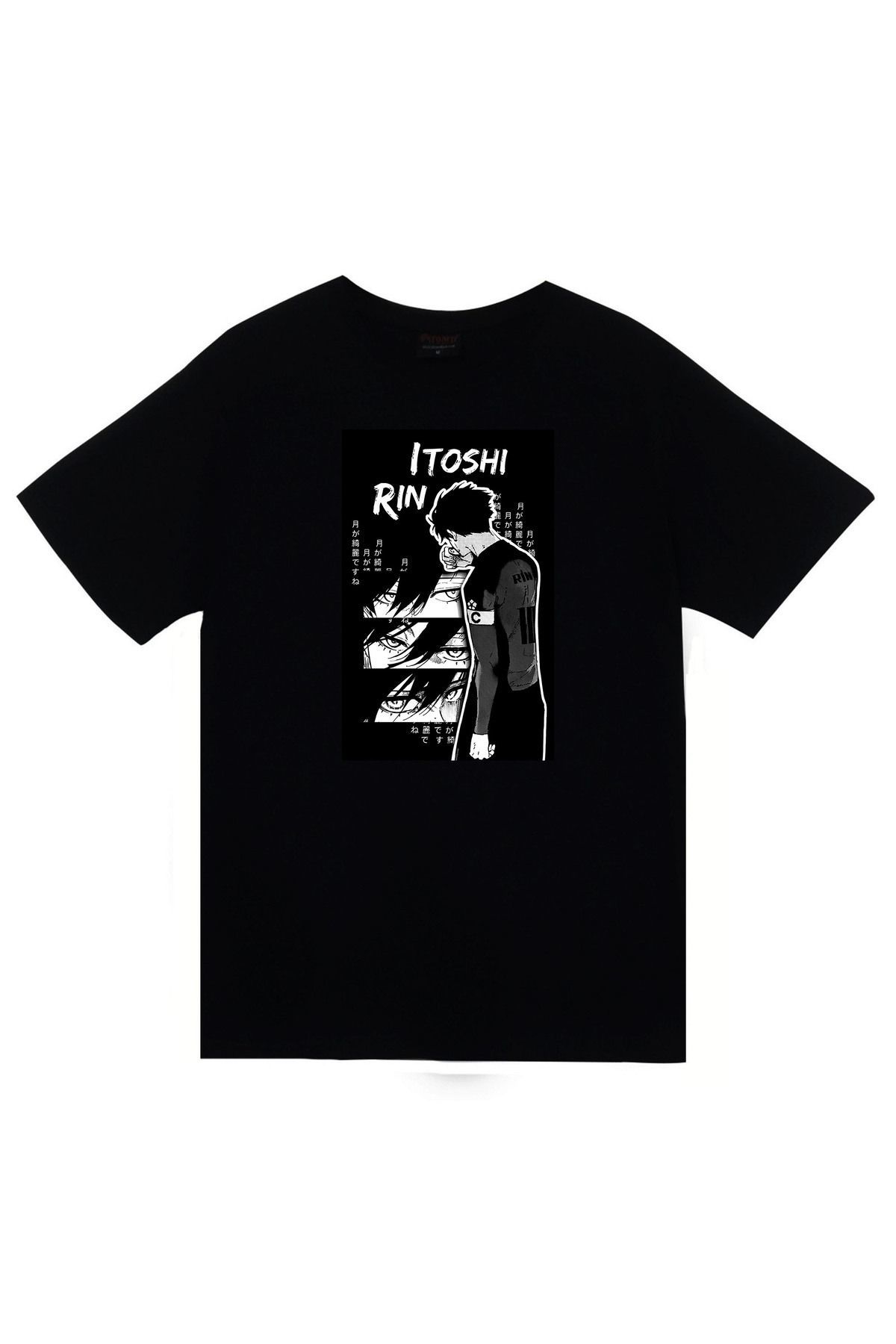 Blue Lock, Rin İtoshi Anime Baskılı Unisex %100 Pamuk Siyah T-shirt