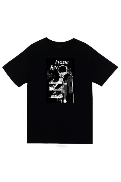 Blue Lock, Rin İtoshi Anime Baskılı Unisex %100 Pamuk Siyah T-shirt