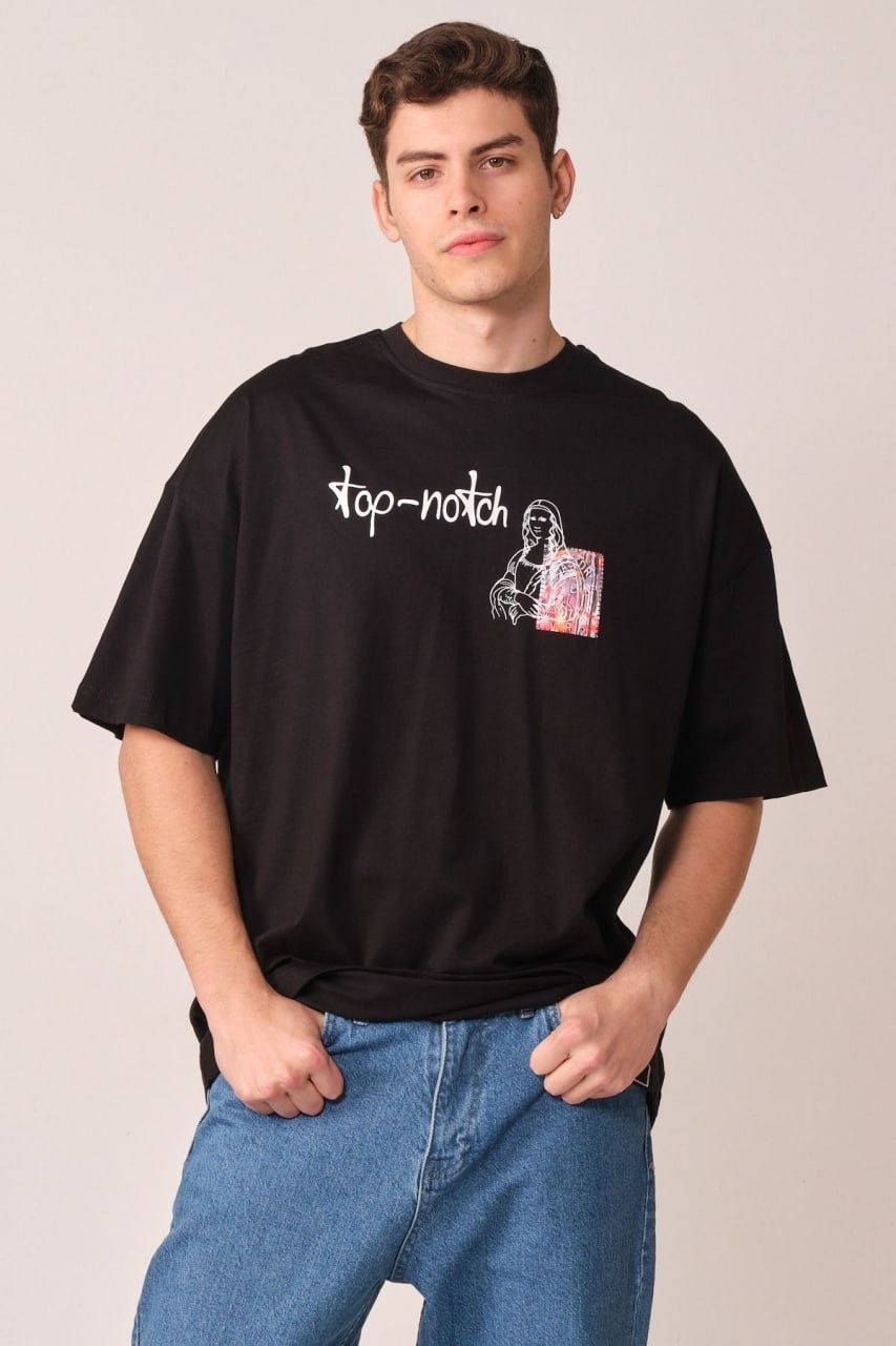 Mona Lisa Baskılı Unisex %100 Oversize Siyah T-shirt