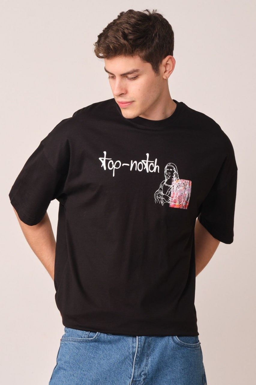 Mona Lisa Baskılı Unisex %100 Oversize Siyah T-shirt