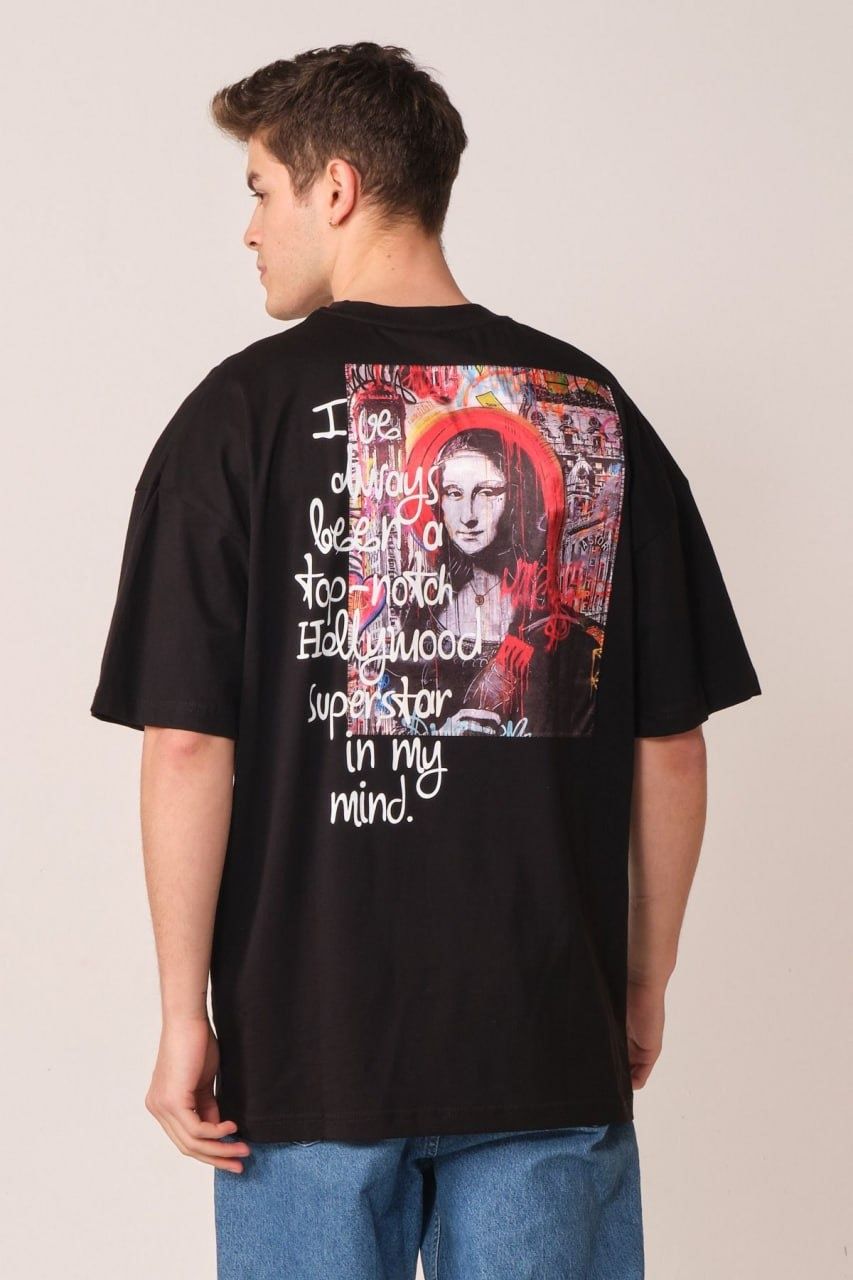 Mona Lisa Baskılı Unisex %100 Oversize Siyah T-shirt
