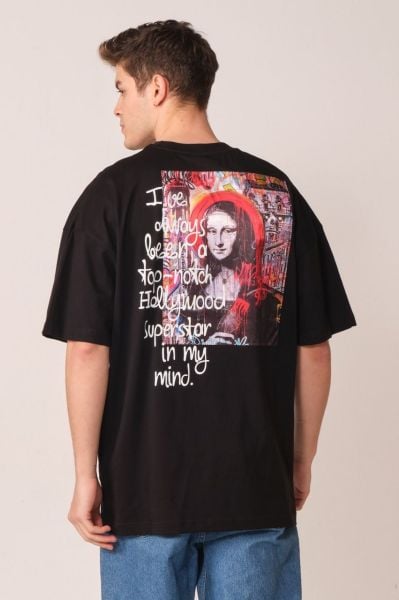 Mona Lisa Baskılı Unisex %100 Oversize Siyah T-shirt