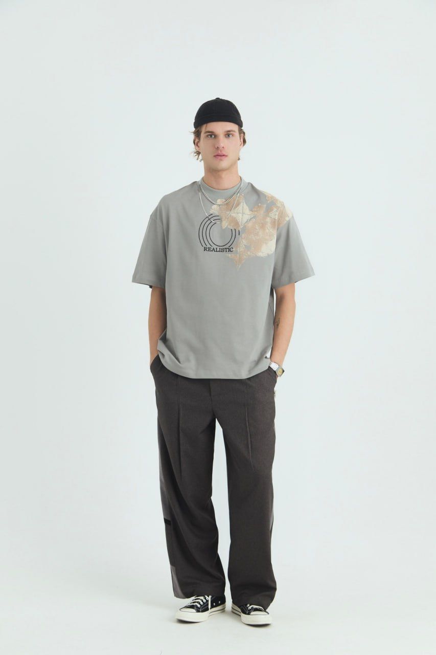 Realistic Baskılı Unisex %100 Oversize Gri T-shirt