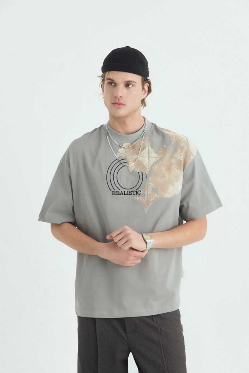 Realistic Baskılı Unisex %100 Oversize Gri T-shirt