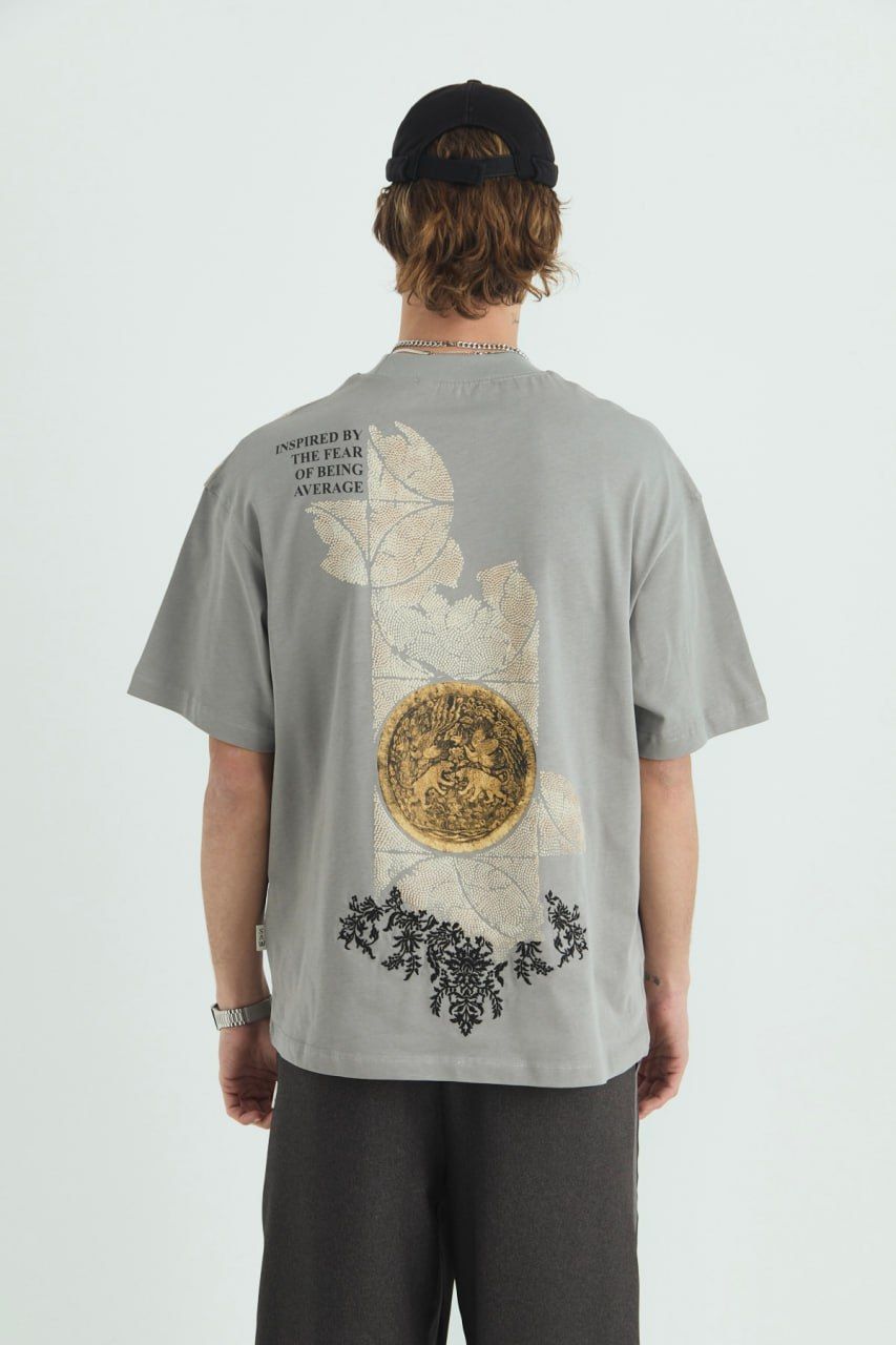 Realistic Baskılı Unisex %100 Oversize Gri T-shirt