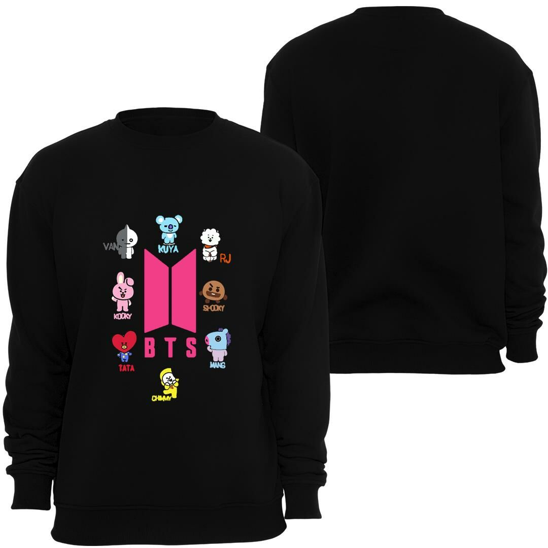 Bt21 Bts Anime Baskılı Bisiklet Yaka Sweatshirt SİYAH - S