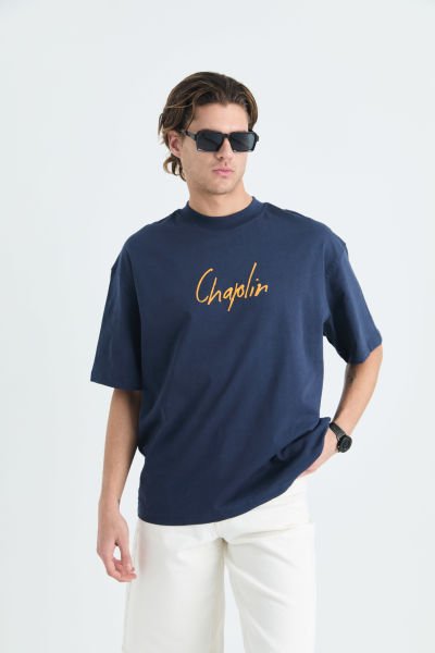 Charlie Chaplin Baskılı Unisex Mavi T-shirt