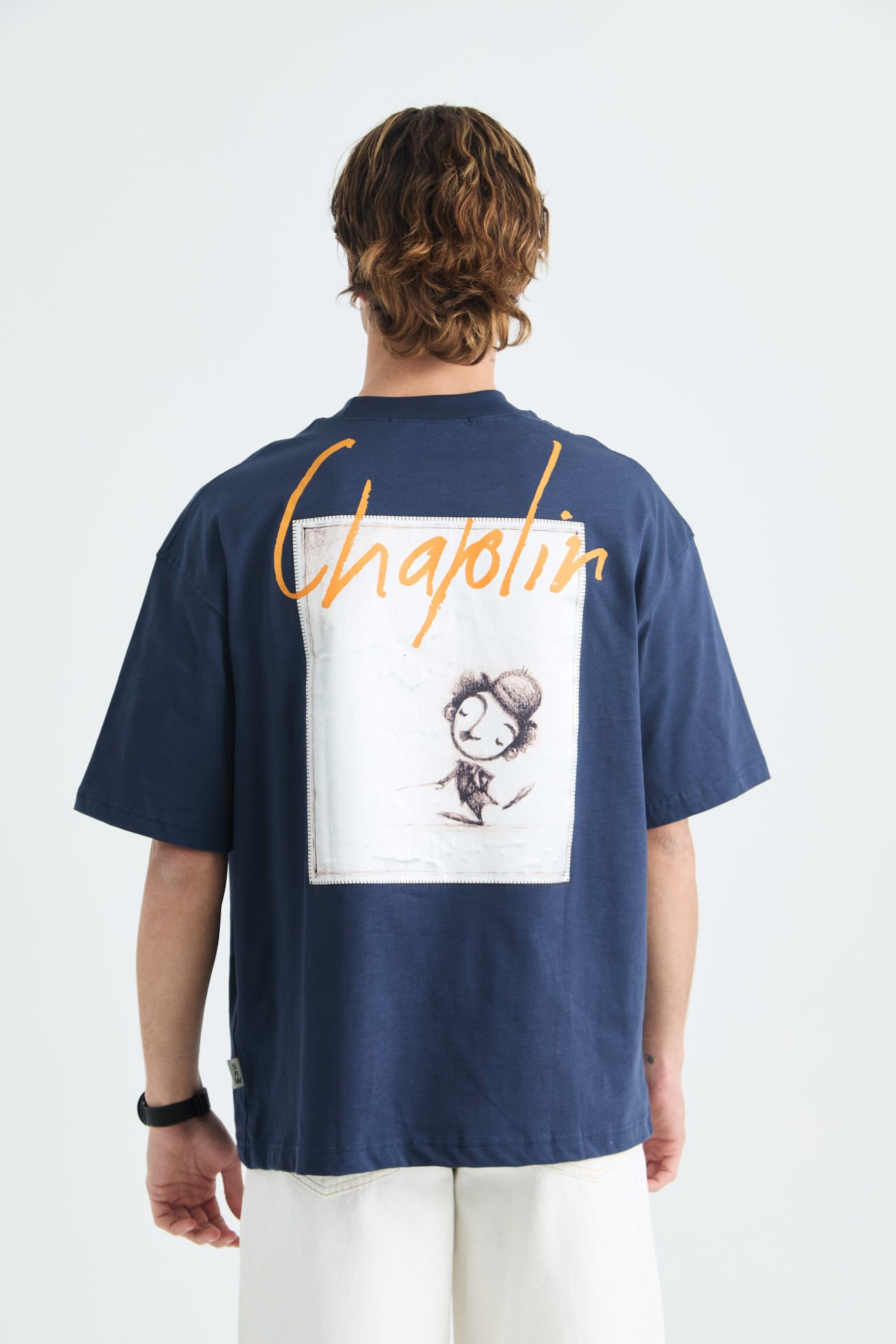Charlie Chaplin Baskılı Unisex Mavi T-shirt