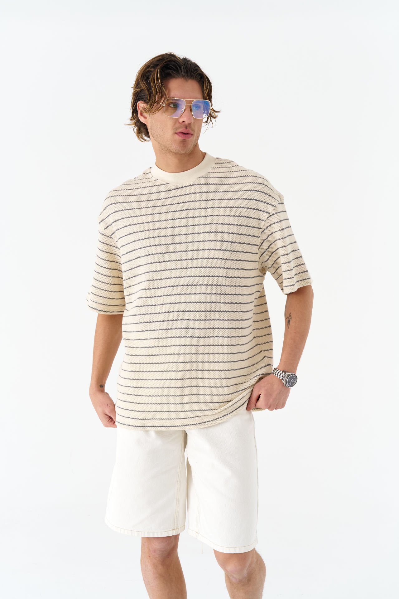 Çizgili Unisex Krem T-shirt