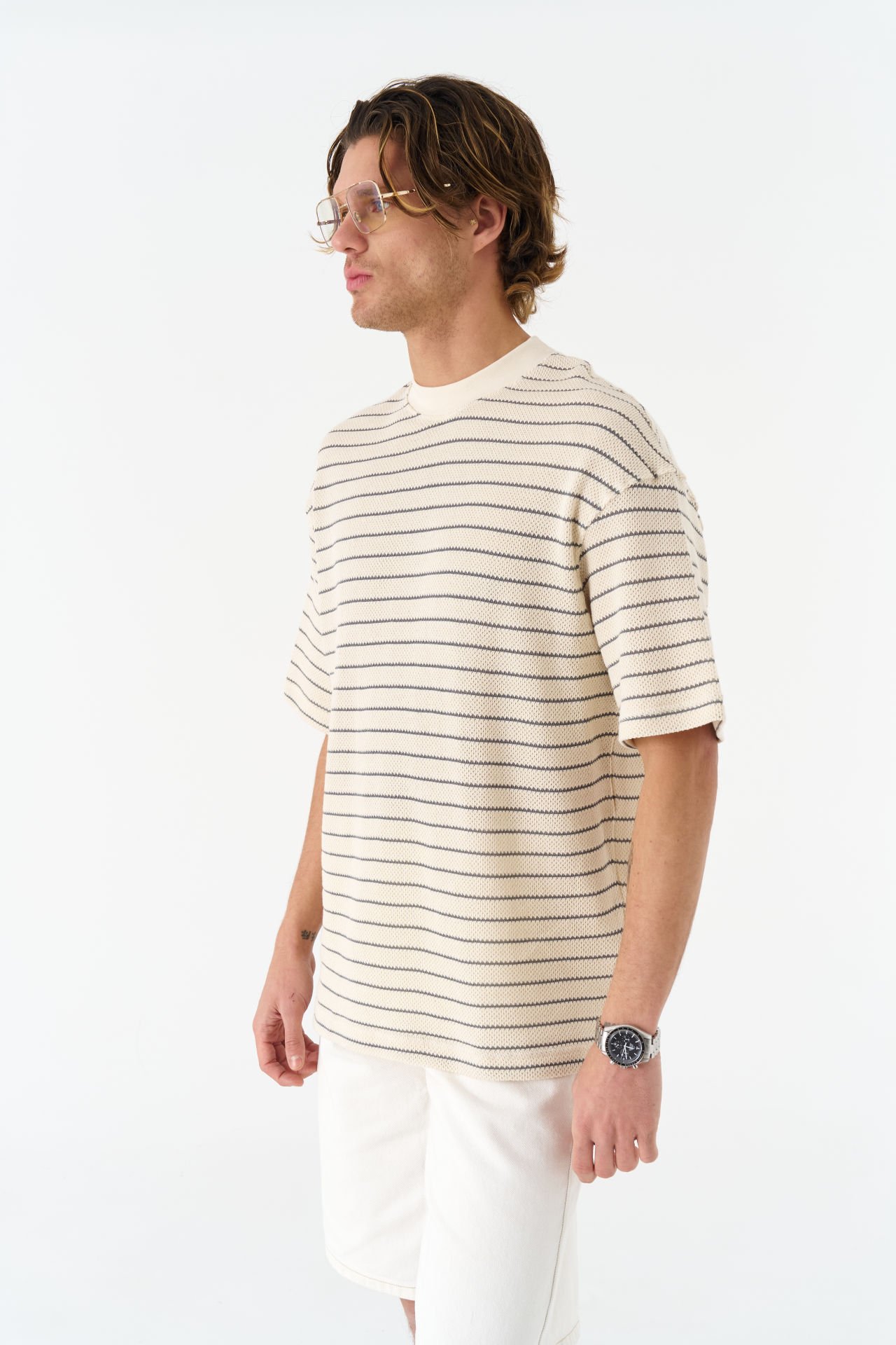 Çizgili Unisex Krem T-shirt