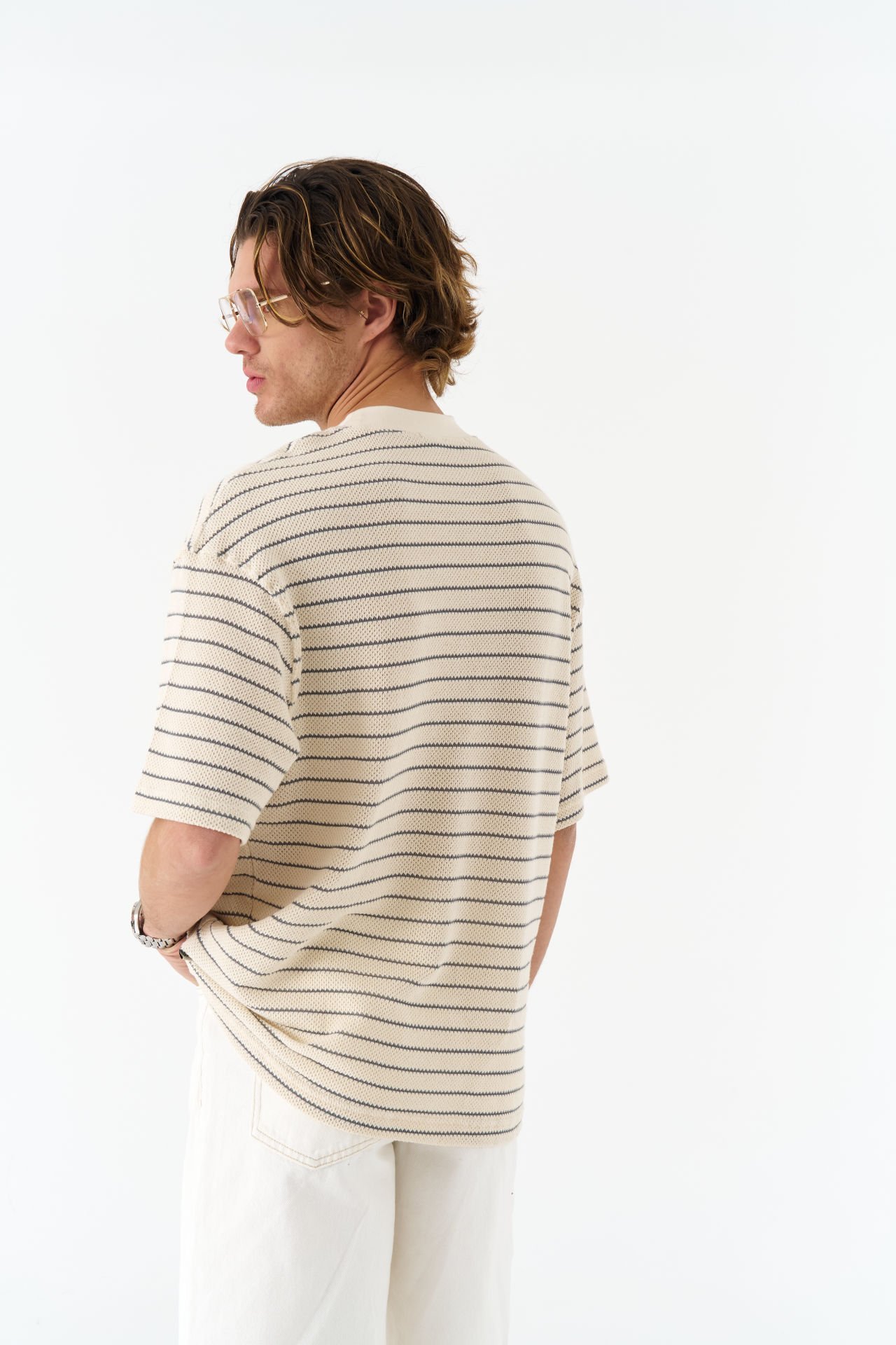 Çizgili Unisex Krem T-shirt