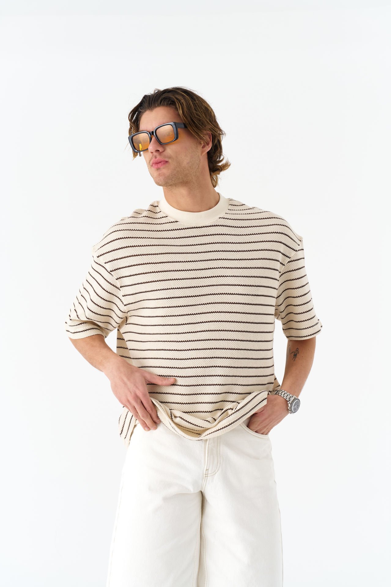 Çizgili Unisex Krem T-shirt