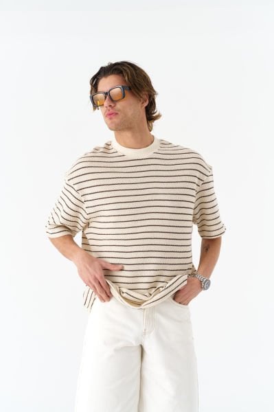 Çizgili Unisex Krem T-shirt