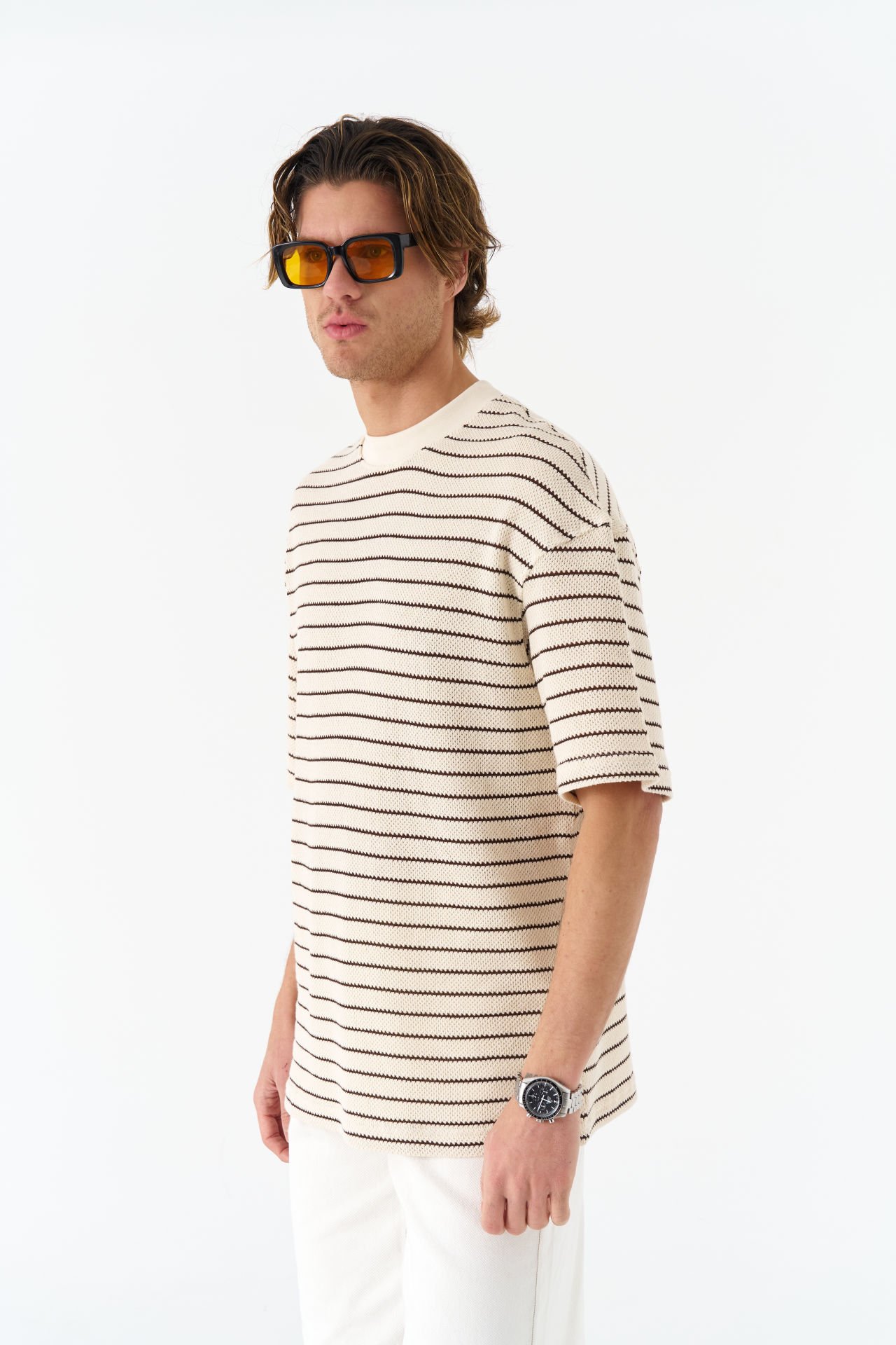 Çizgili Unisex Krem T-shirt