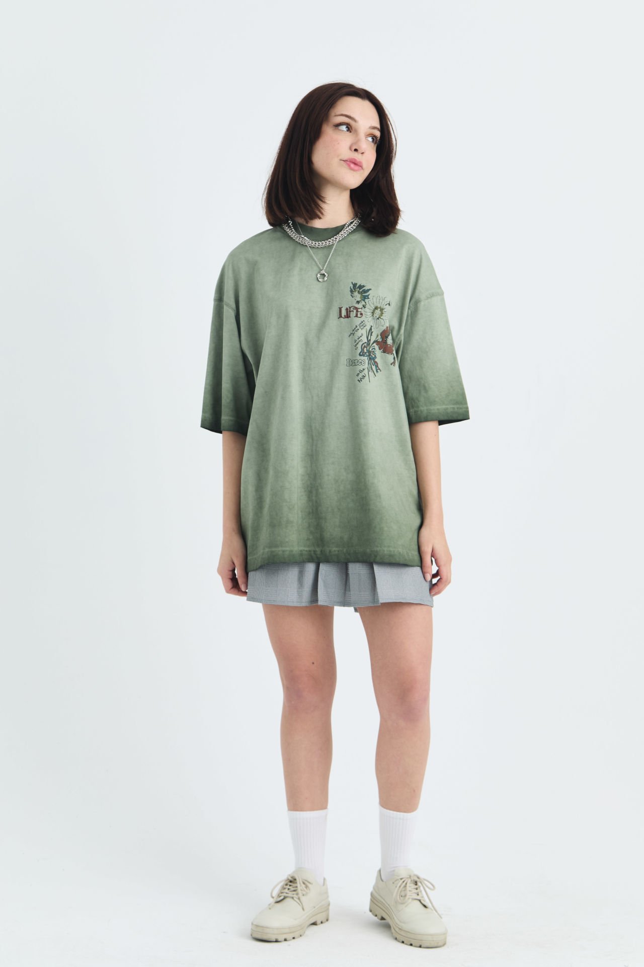 Life, Dance Yazı Baskılı, Gül Nakışlı Pamuk Unisex Yeşil T-shirt