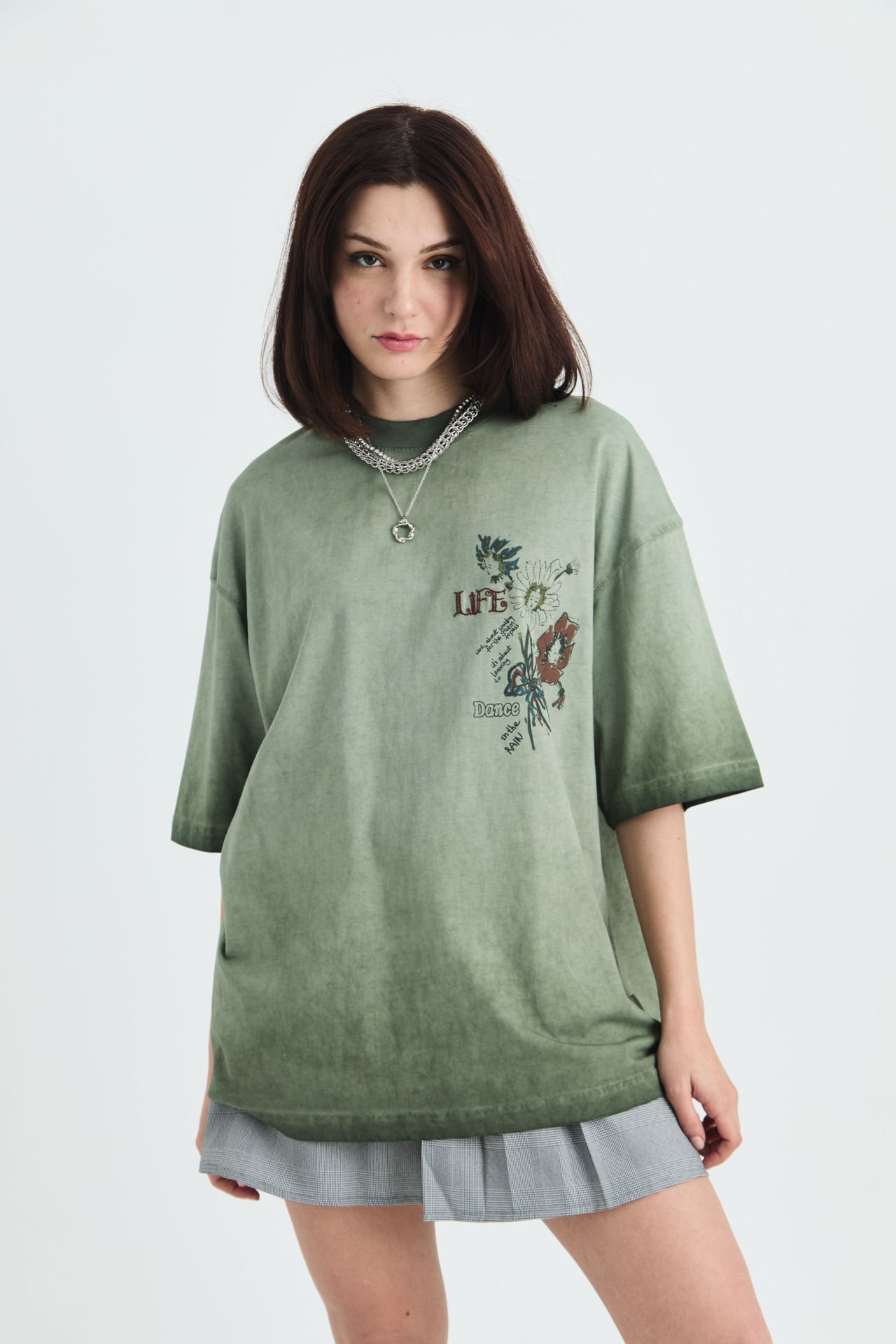 Life, Dance Yazı Baskılı, Gül Nakışlı Pamuk Unisex Yeşil T-shirt