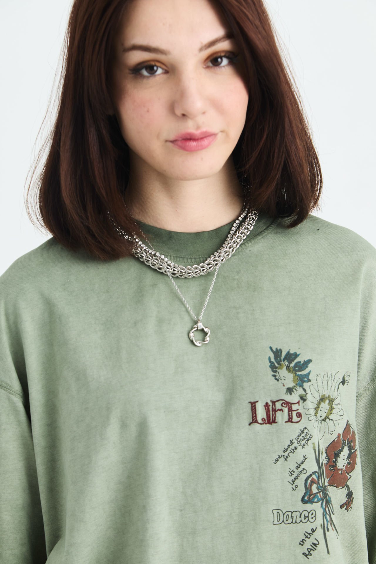 Life, Dance Yazı Baskılı, Gül Nakışlı Pamuk Unisex Yeşil T-shirt