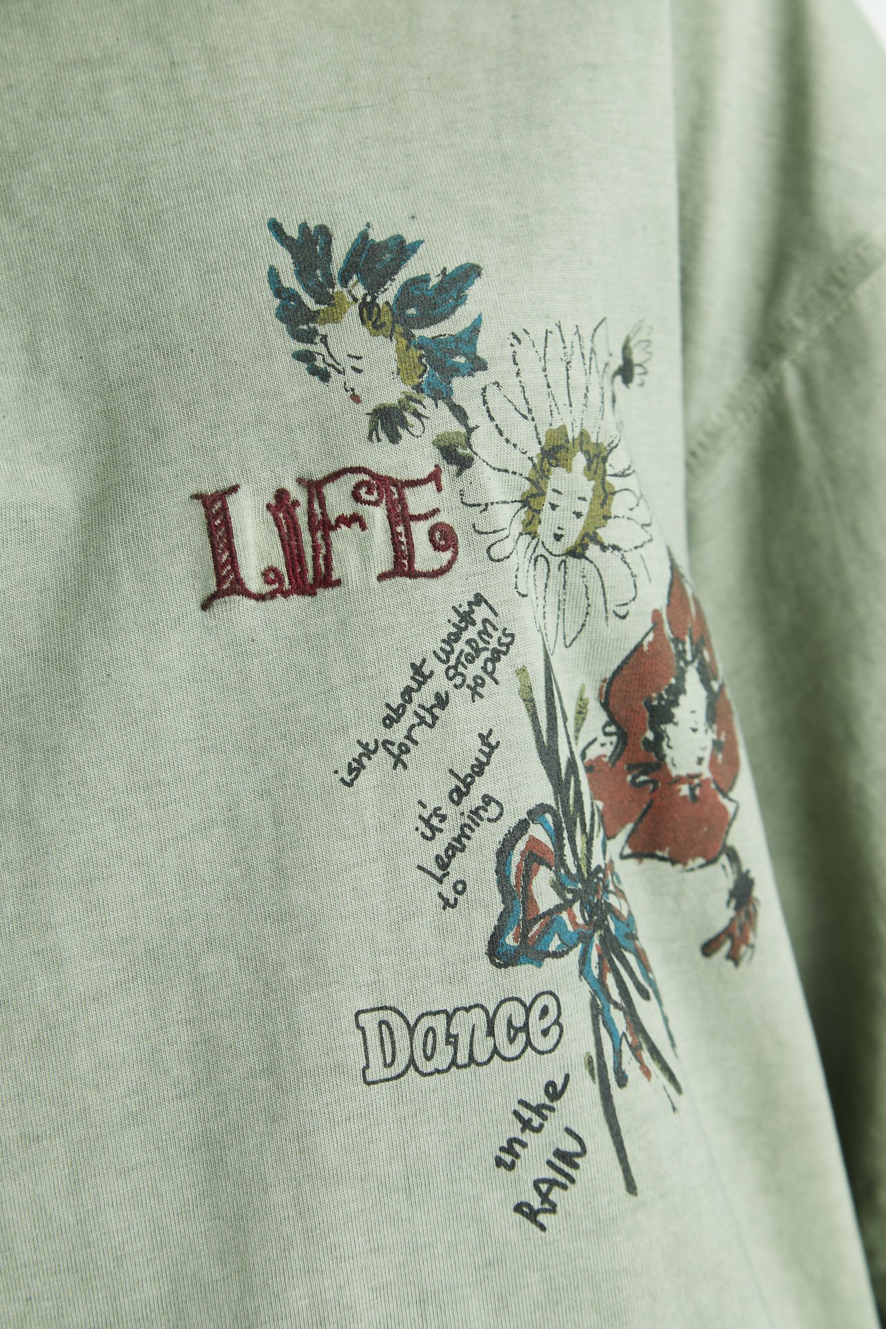 Life, Dance Yazı Baskılı, Gül Nakışlı Pamuk Unisex Yeşil T-shirt