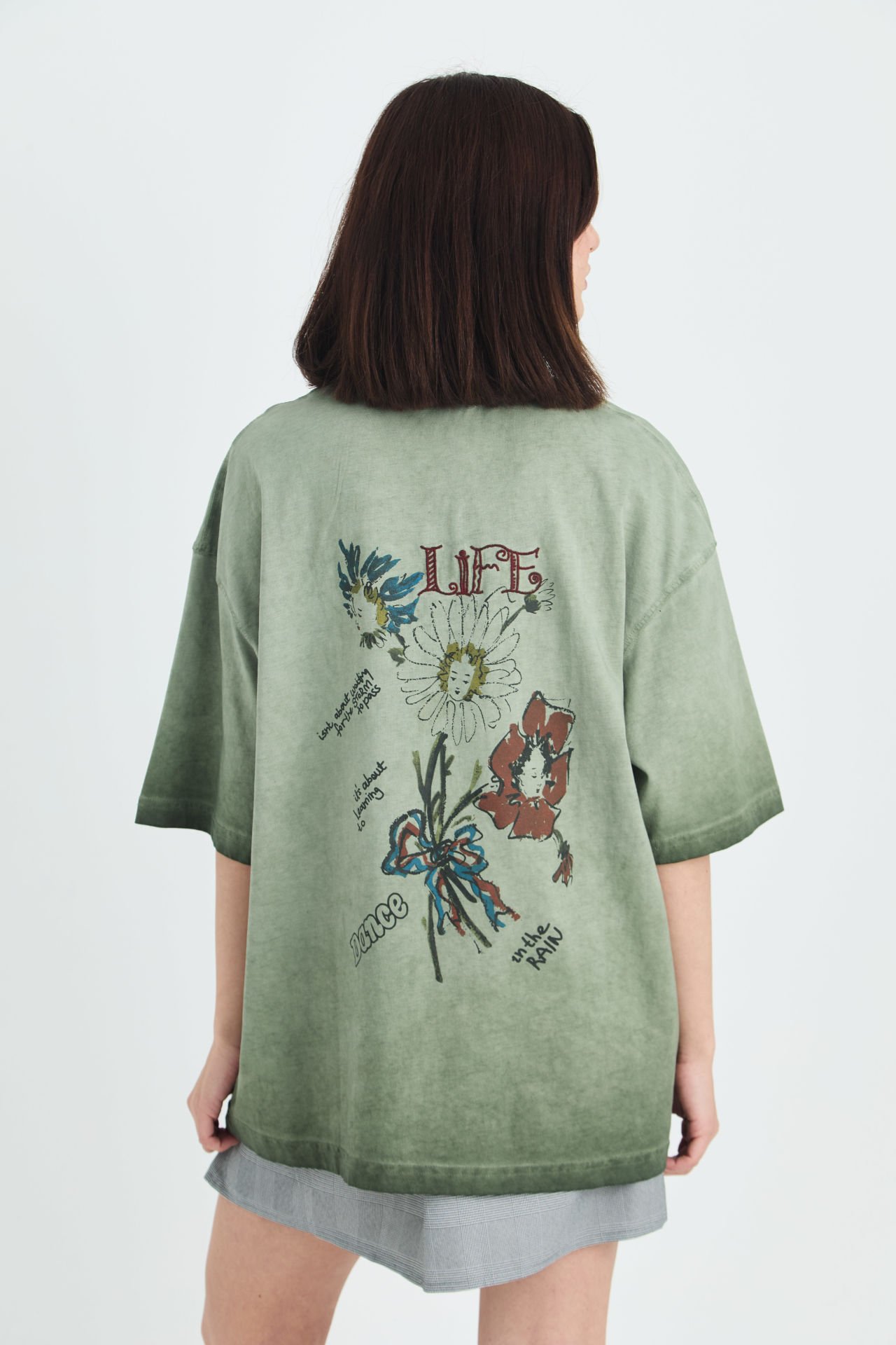 Life, Dance Yazı Baskılı, Gül Nakışlı Pamuk Unisex Yeşil T-shirt
