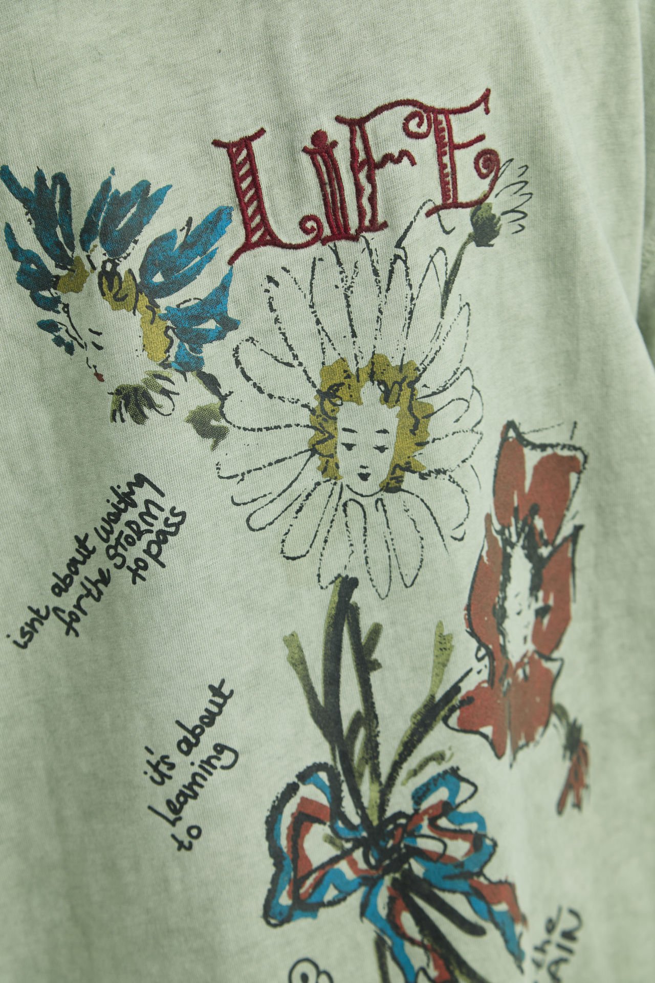 Life, Dance Yazı Baskılı, Gül Nakışlı Pamuk Unisex Yeşil T-shirt