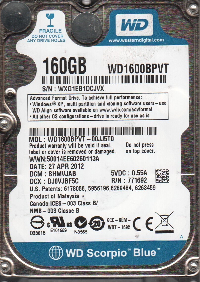 Western Digital SATA 160GB WD1600BPVT WD1600BPVT-00JJ5T0 2.5'' 5400RPM HDD