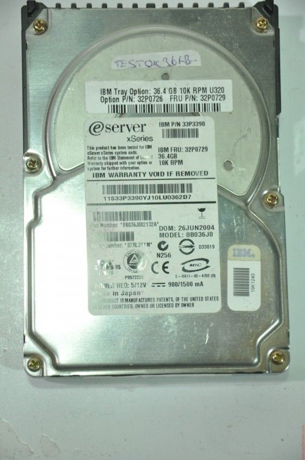 IBM 80 PIN 36GB 8B036J0 32P0729 26JUN2004 33P3390 3.5'' 10000RPM SCSI HDD