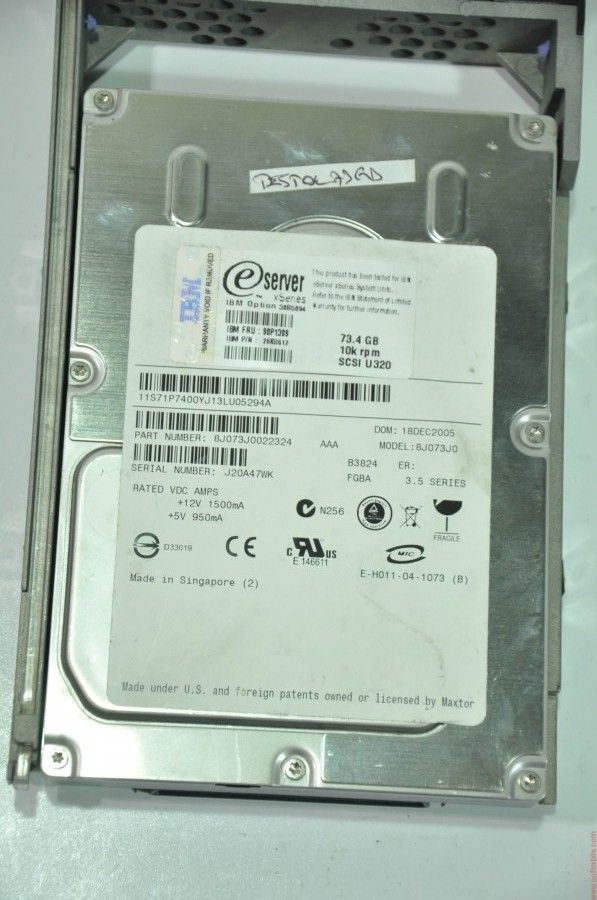 IBM 80 PIN 73GB 8J073J0 18DEC2005 3.5'' 10000RPM SCSI HDD