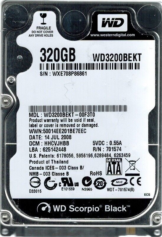 Western Digital WD3200BEKT-00F3T0 - 320GB 7.2K RPM SATA 2.5'' Hard Drive