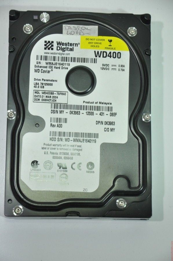 WESTERN DIGITAL IDE 40GB WD400BB-75FRA0 0K3963 3.5'' 7200RPM HDD
