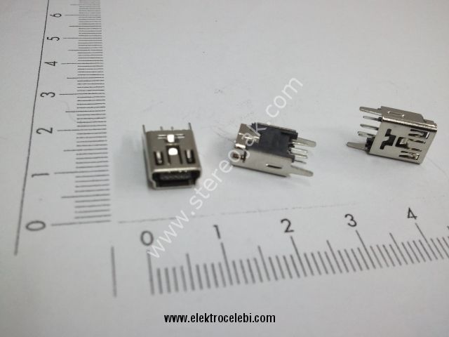 Mini USB Type B Vertical (Dikey) 5-pin Through Hole konnektör   180 derece  dik
