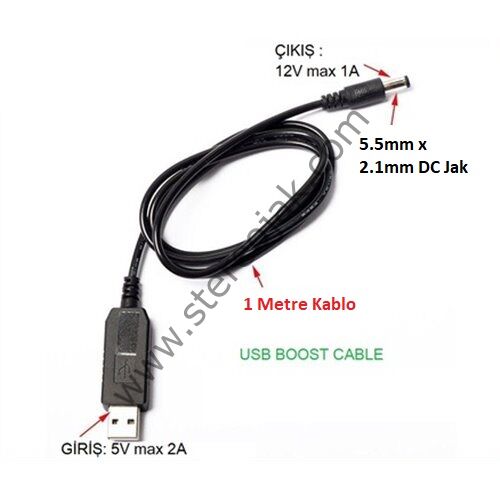 USB-BARREL JACK VOLTAJ YÜKSELTİCİ 1M KABLOLU (IN PUT 5V, OUT PUT 12V) 2.1MM DC JAK