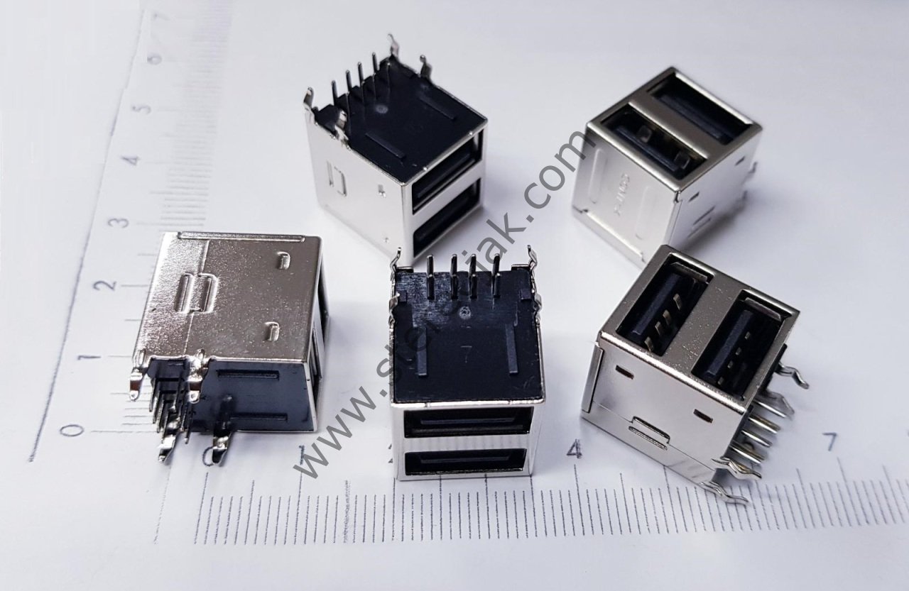Çift Katlı 2 Kanallı USB Yuva , 8 Pin , İğne Ayak , Metal Kasa , PCB Model ,  2 Ports Dual USB 2.0 A-Type Female 17x17