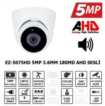 İndirimli EZCOOL EZ-5075HD 5MP 3.6MM 18SMD AHD SESLİ DOME satışı