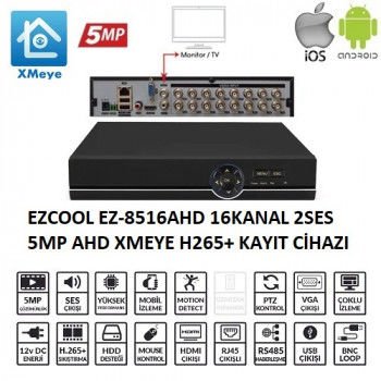 İndirimli EZCOOL EZ-8516AHD 16KANAL 2SES 5MP 1HDD XMEYE XVR resim