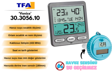 TFA 30.3056.10 'Venice' Havuz Sıcaklık Ölçer | Ortam Sıcaklık ve Nem Ölçer -40… +60 °C | 0... +60 °C / 20... %99 RH