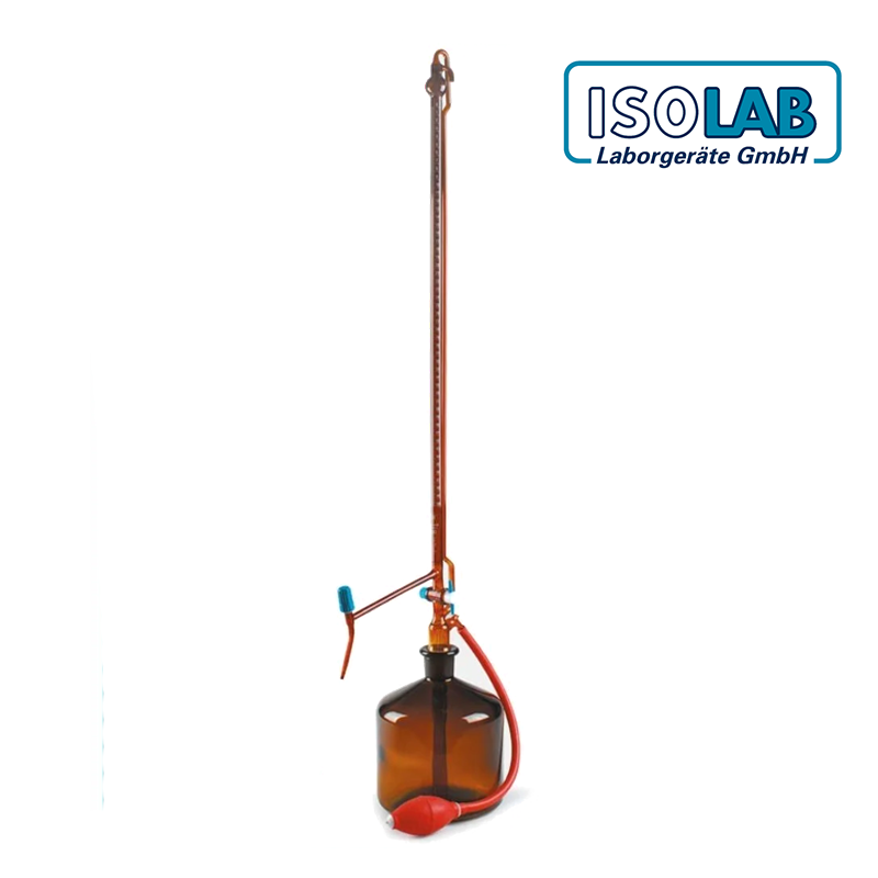 ISOLAB Büret - Otomatik - Amber - PTFE Ara Musluklu - AS Kalite - Grup Sertifikalı - Beyaz Skala - 10 mL