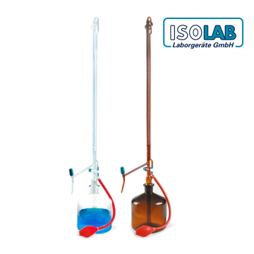ISOLAB Büret - Otomatik - Amber - PTFE Ara Musluklu - AS Kalite - Grup Sertifikalı - Beyaz Skala - 10 mL